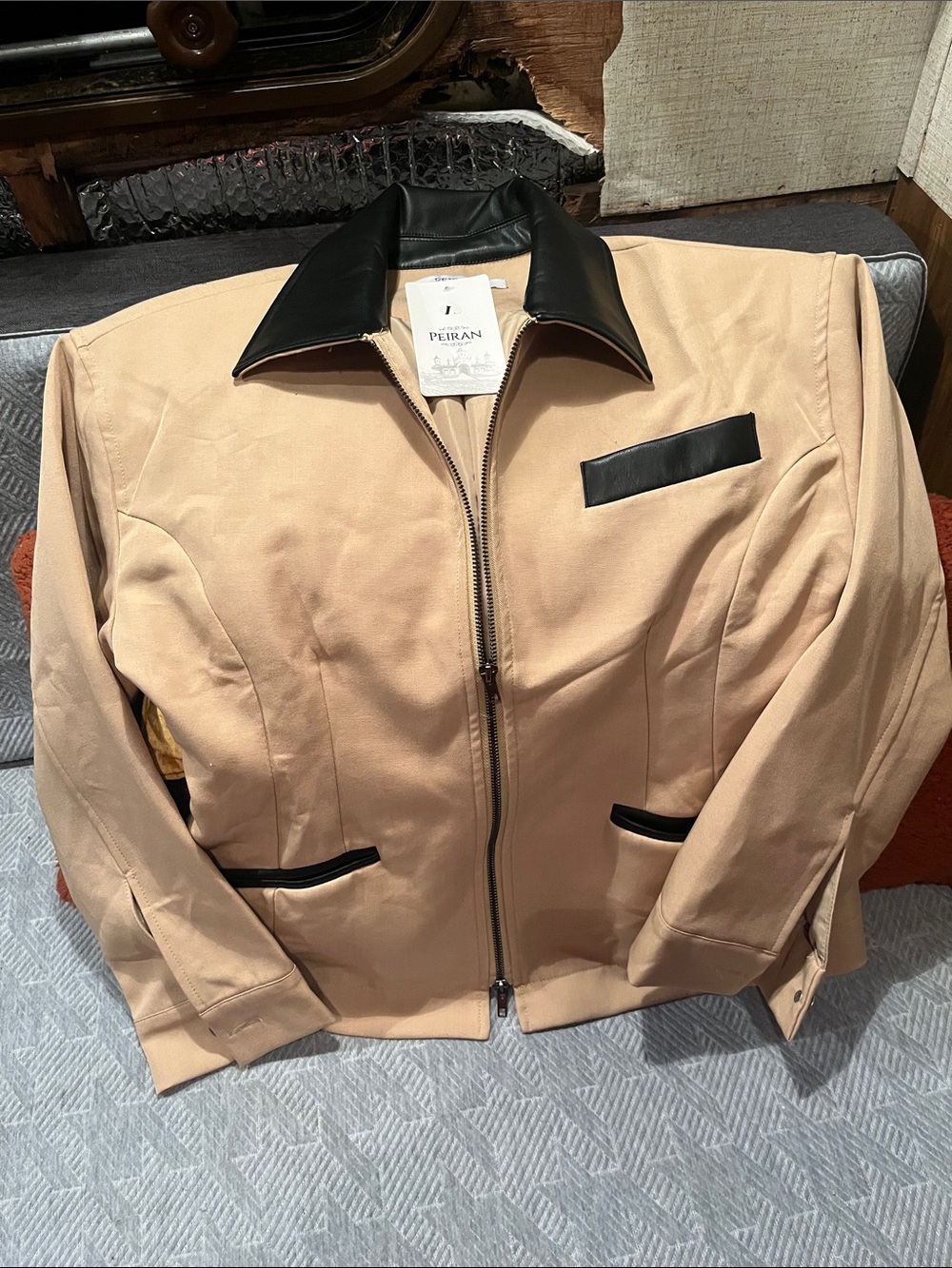 Beige Zip-Front Blazer with Black Trim